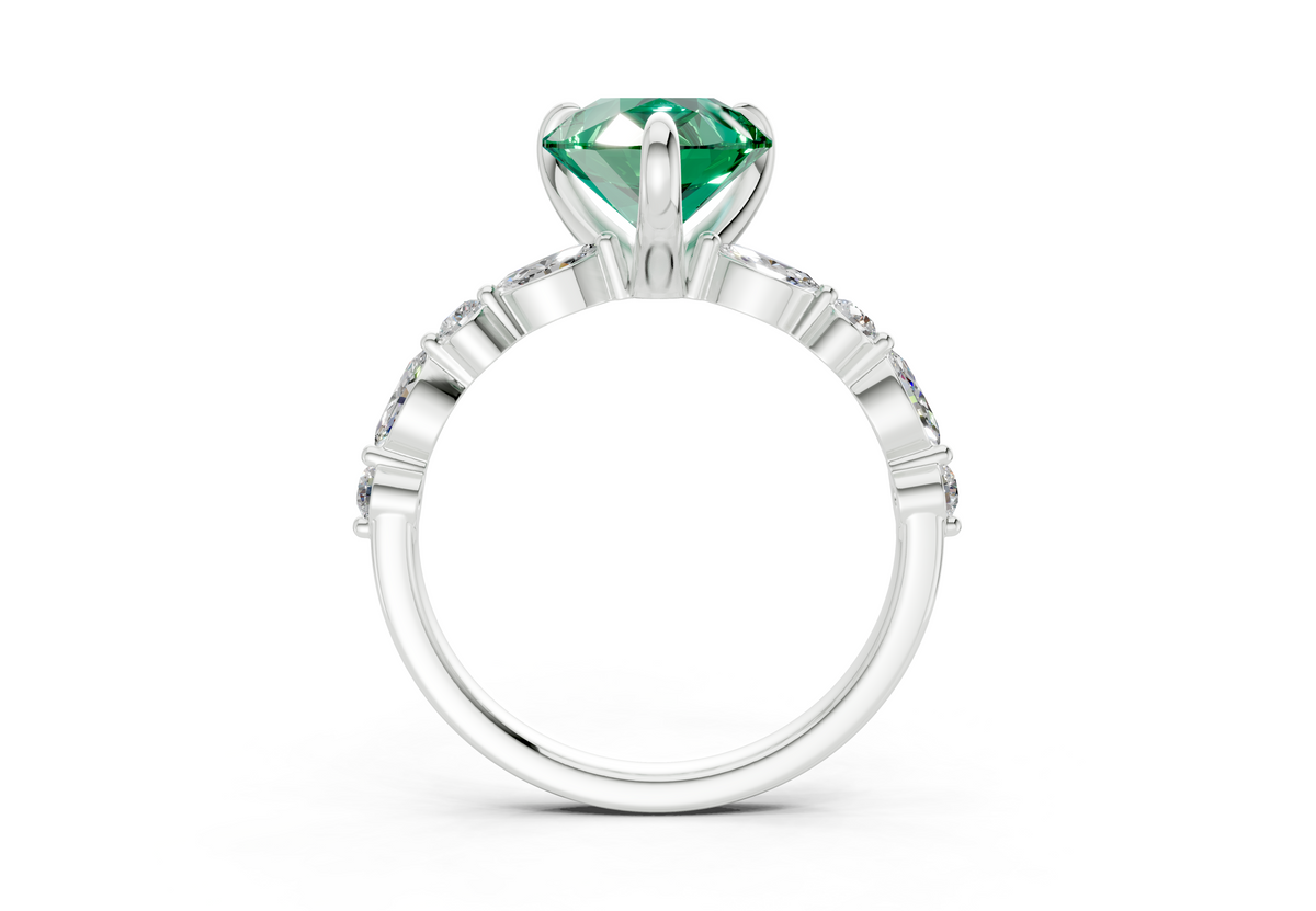 Aetheria Emerald Gemstone Accent Pear Cut 2mm Engagement Ring