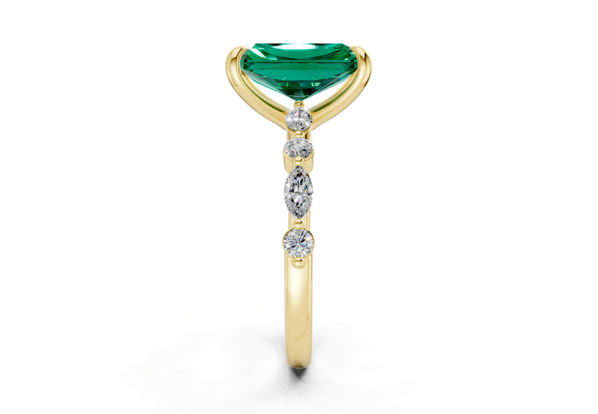 Aetheria Emerald Gemstone Accent Radiant Cut 2mm Engagement Ring