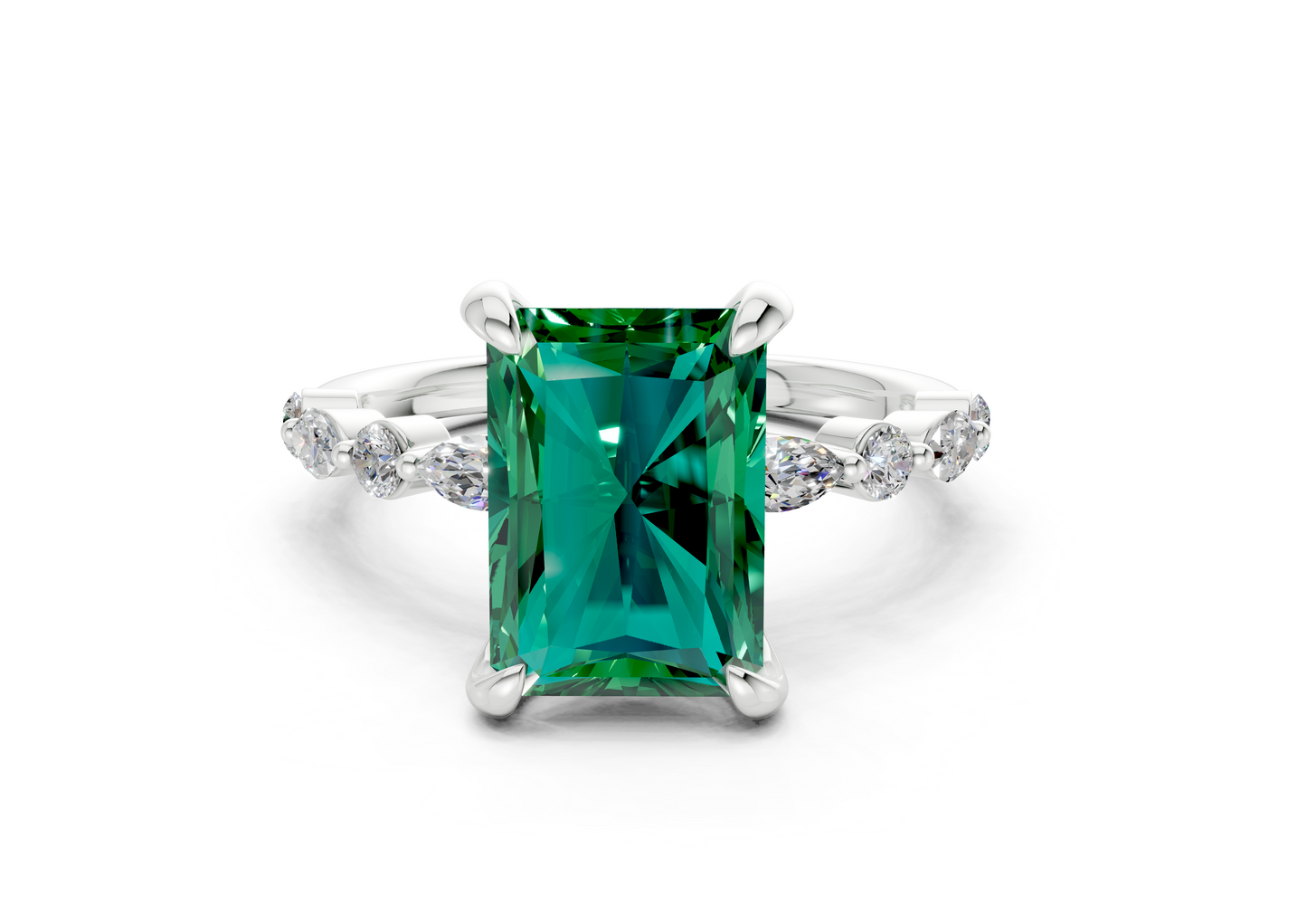 Aetheria Emerald Gemstone Accent Radiant Cut 2mm Engagement Ring