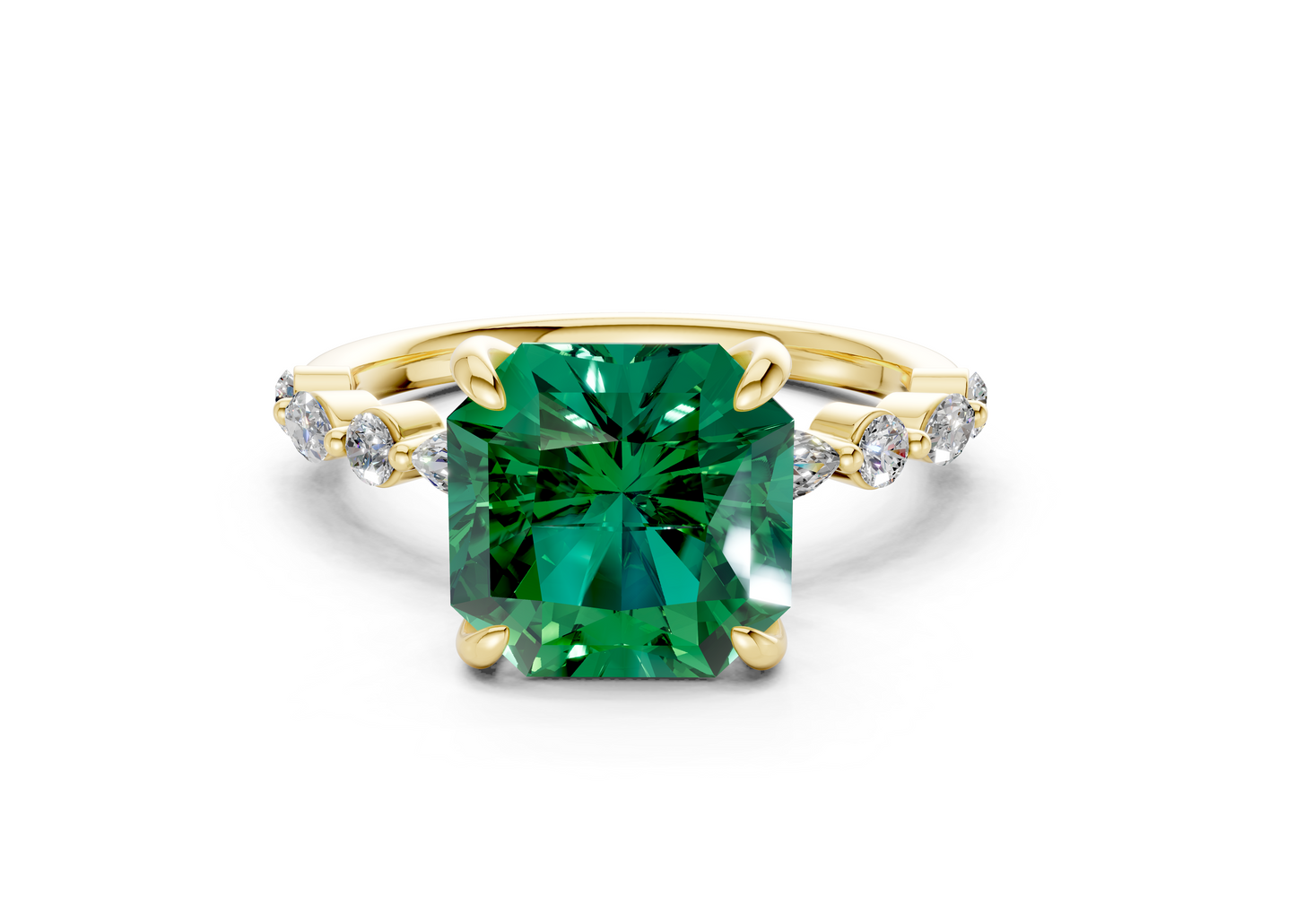 Aetheria Emerald Gemstone Accent Radiant Square Cut 2mm Engagement Ring