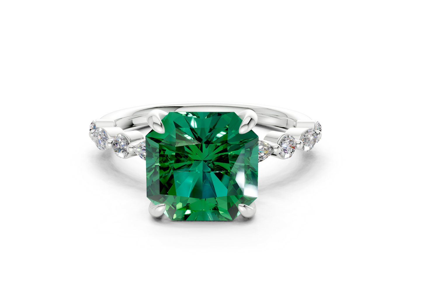 Aetheria Emerald Gemstone Accent Radiant Square Cut 2mm Engagement Ring