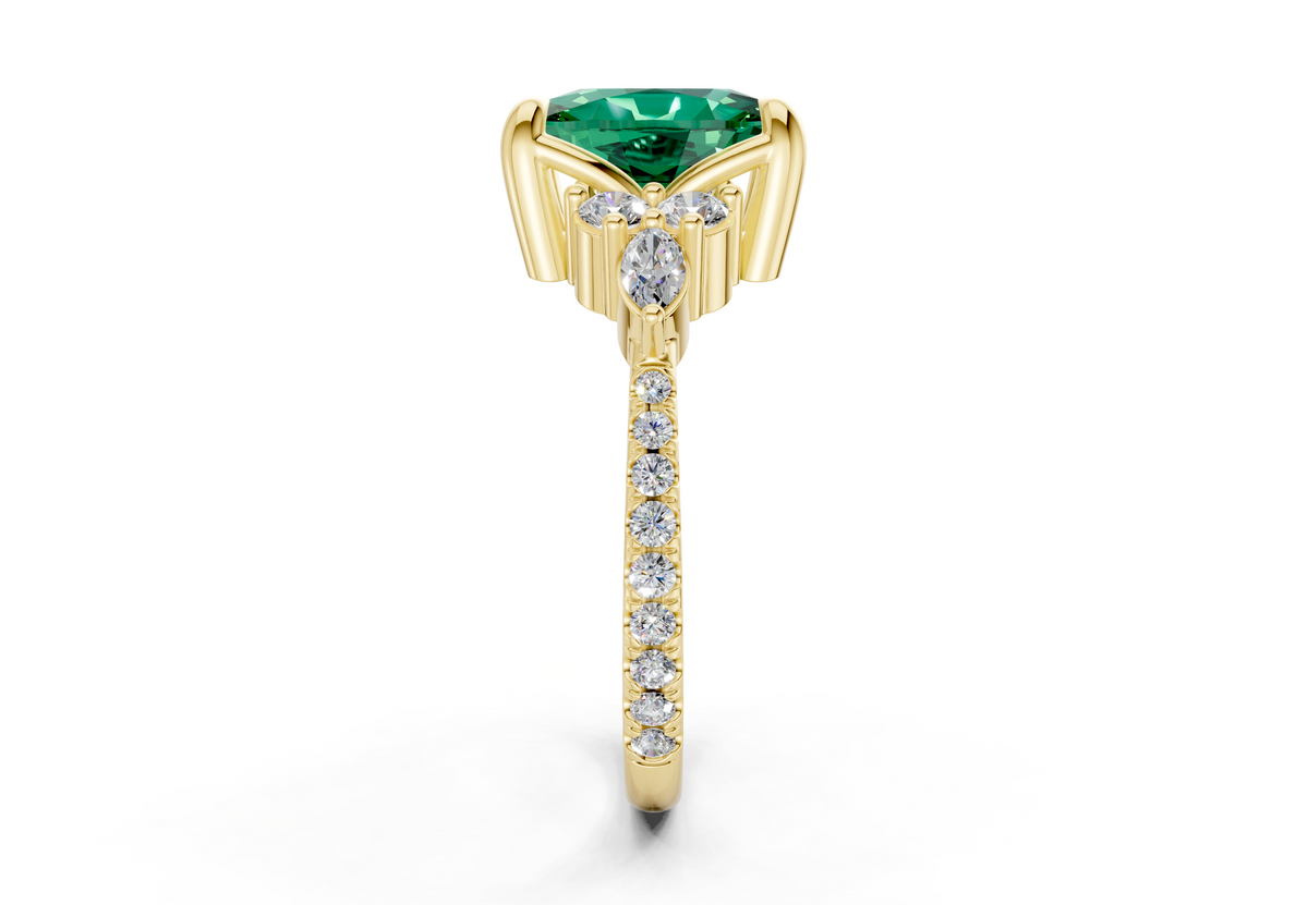 Zephyrine Emerald Gemstone Accent Elongated Cushion Cut 1.9mm Engagement Ring