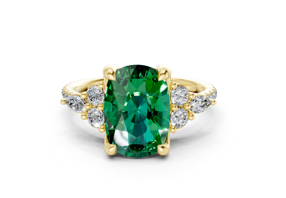 Zephyrine Emerald Gemstone Accent Elongated Cushion Cut 1.9mm Engagement Ring