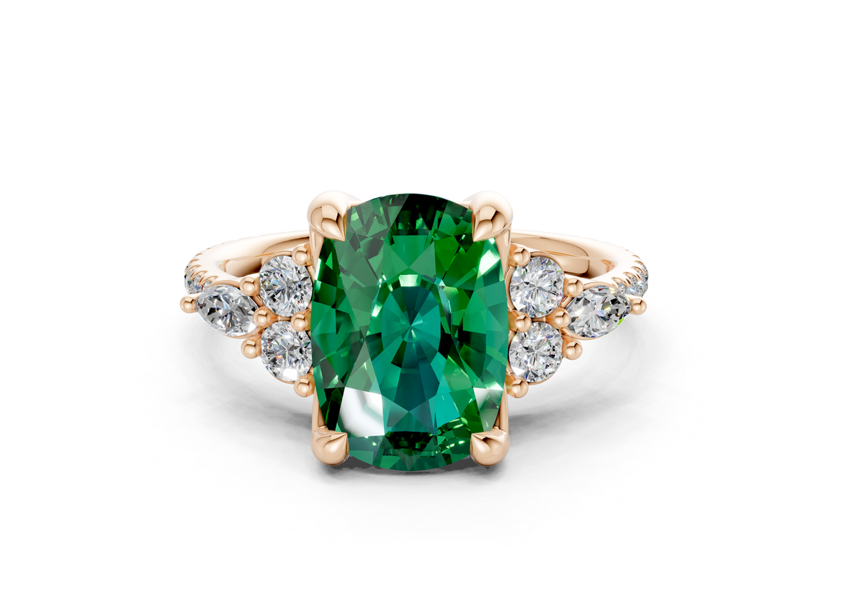 Zephyrine Emerald Gemstone Accent Elongated Cushion Cut 1.9mm Engagement Ring