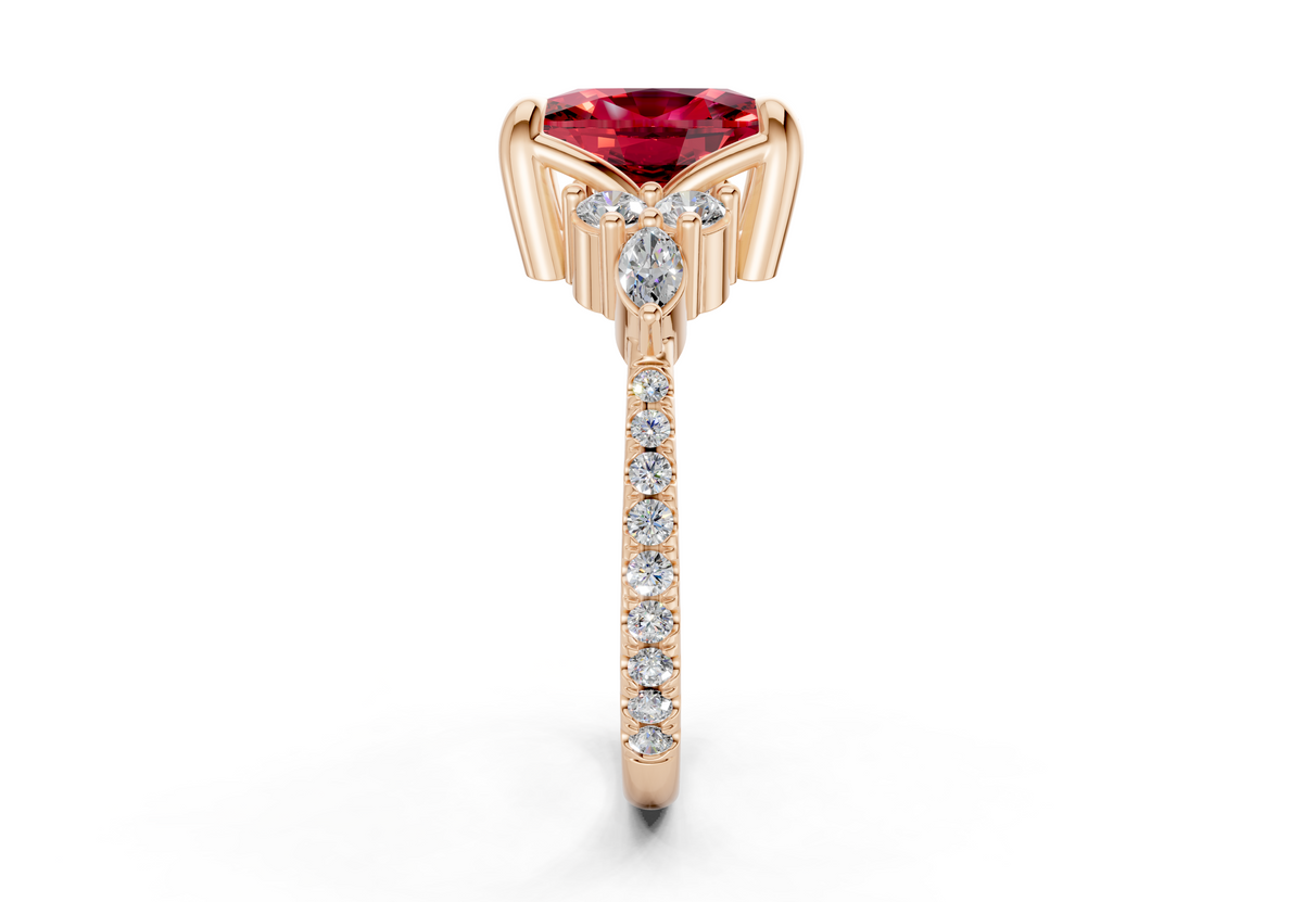 Zephyrine Ruby Gemstone Accent Elongated Cushion Cut 1.9mm Engagement Ring