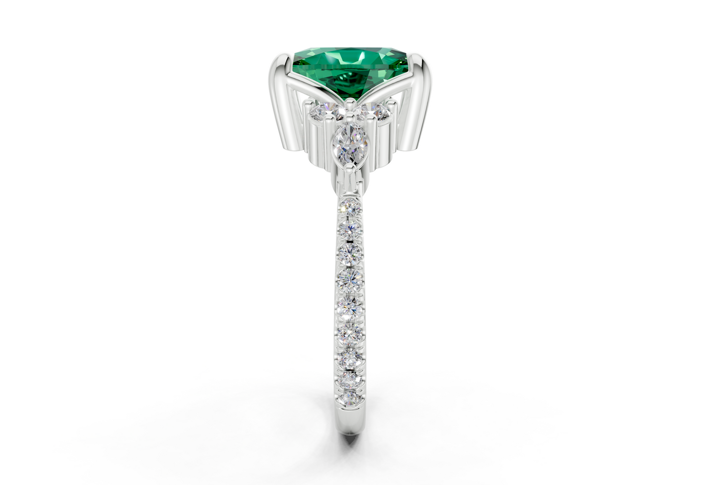 Zephyrine Emerald Gemstone Accent Elongated Cushion Cut 1.9mm Engagement Ring