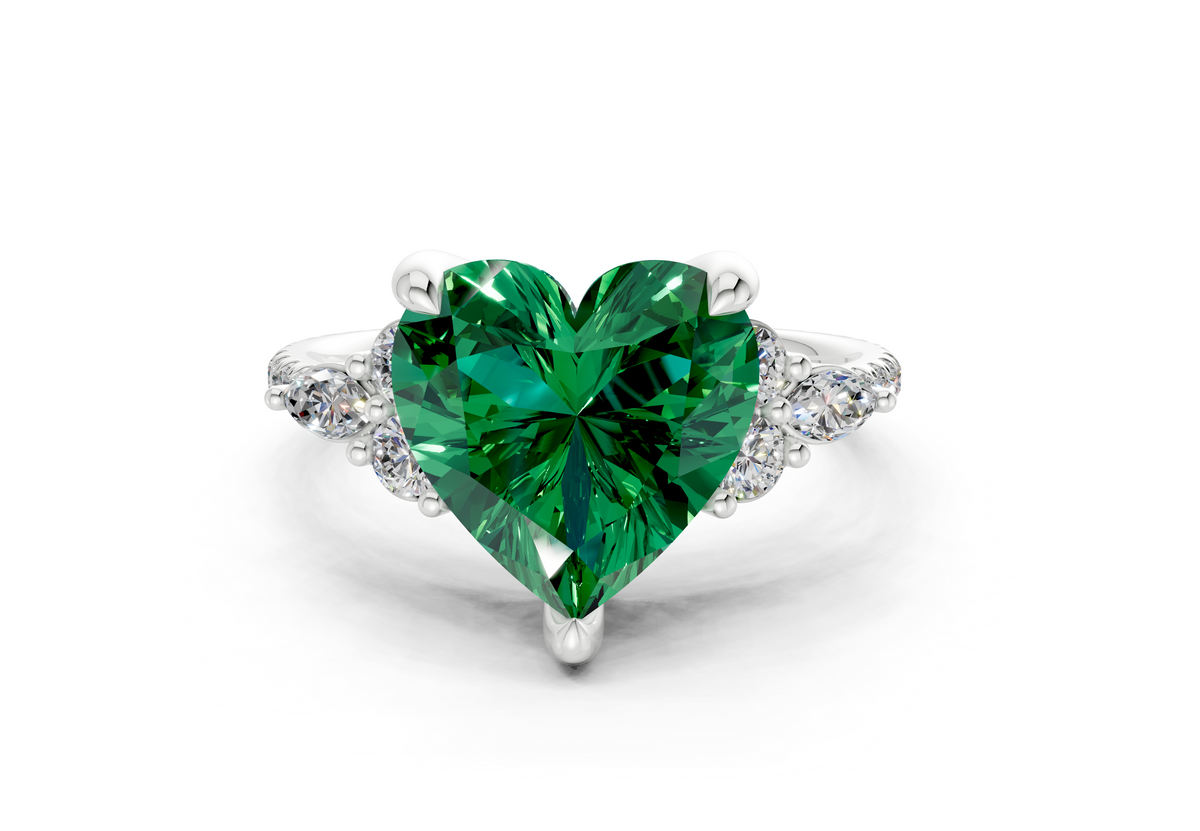 Zephyrine Emerald Gemstone Accent Heart Cut 1.9mm Engagement Ring