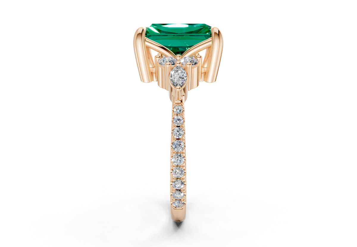 Zephyrine Emerald Gemstone Accent Radiant Cut 1.9mm Engagement Ring