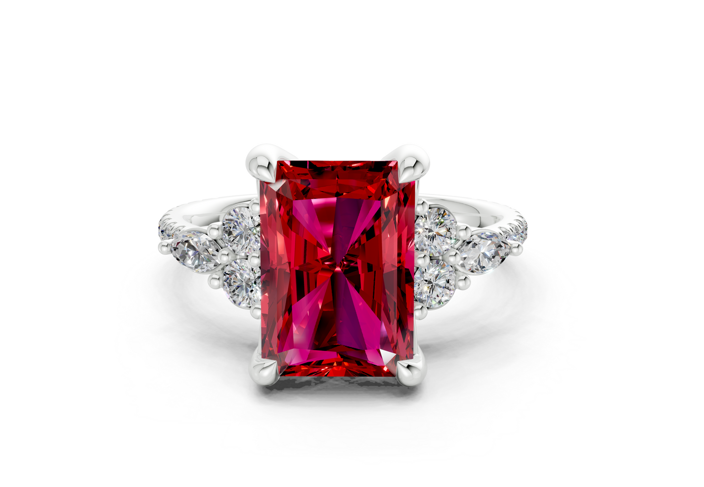 Zephyrine Ruby Gemstone Accent Radiant Cut 1.9mm Engagement Ring