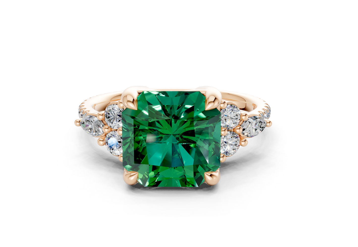 Zephyrine Emerald Gemstone Accent Radiant Square Cut 1.9mm Engagement Ring