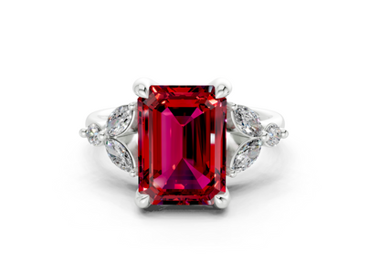 Elysium Ruby Gemstone Accent Emerald Cut 1.9mm Engagement Ring