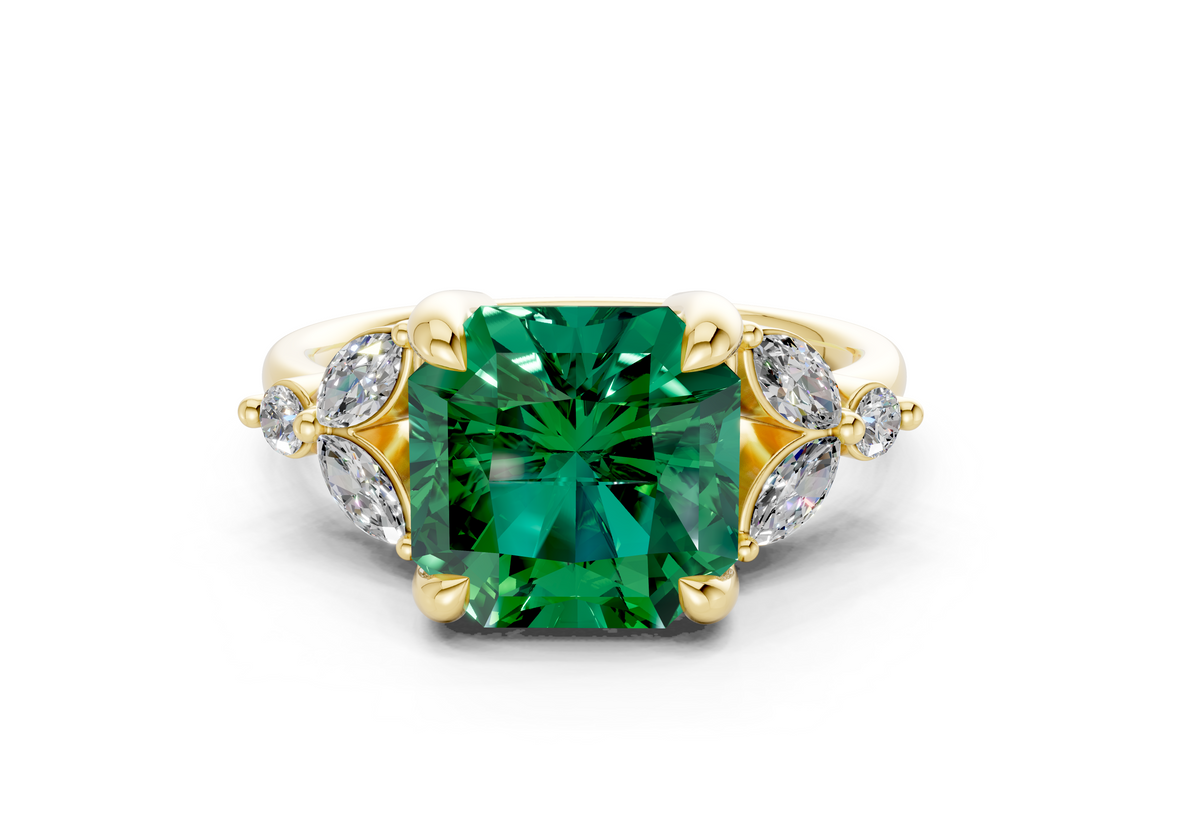 Elysium Emerald Gemstone Accent Radiant Square Cut 1.9mm Engagement Ring