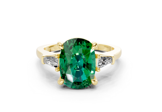 Isla Emerald Gemstone Three Stone Elongated Cushion Cut 1.8mm Engagement Ring