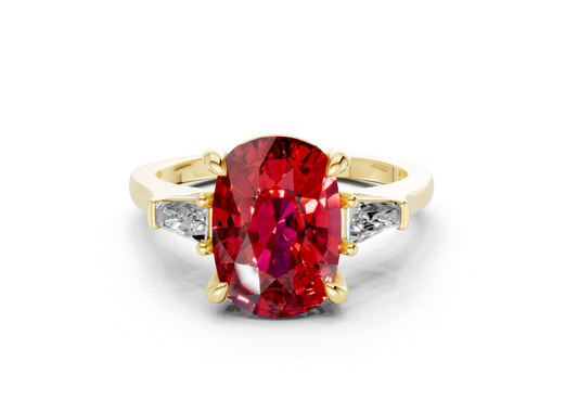 Isla Ruby Gemstone Three Stone Elongated Cushion Cut 1.8mm Engagement Ring