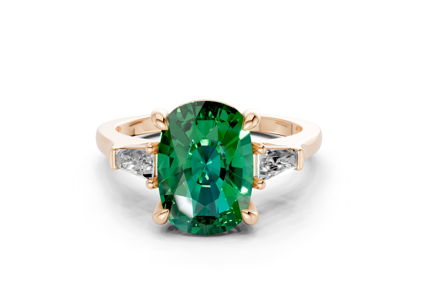 Isla Emerald Gemstone Three Stone Elongated Cushion Cut 1.8mm Engagement Ring