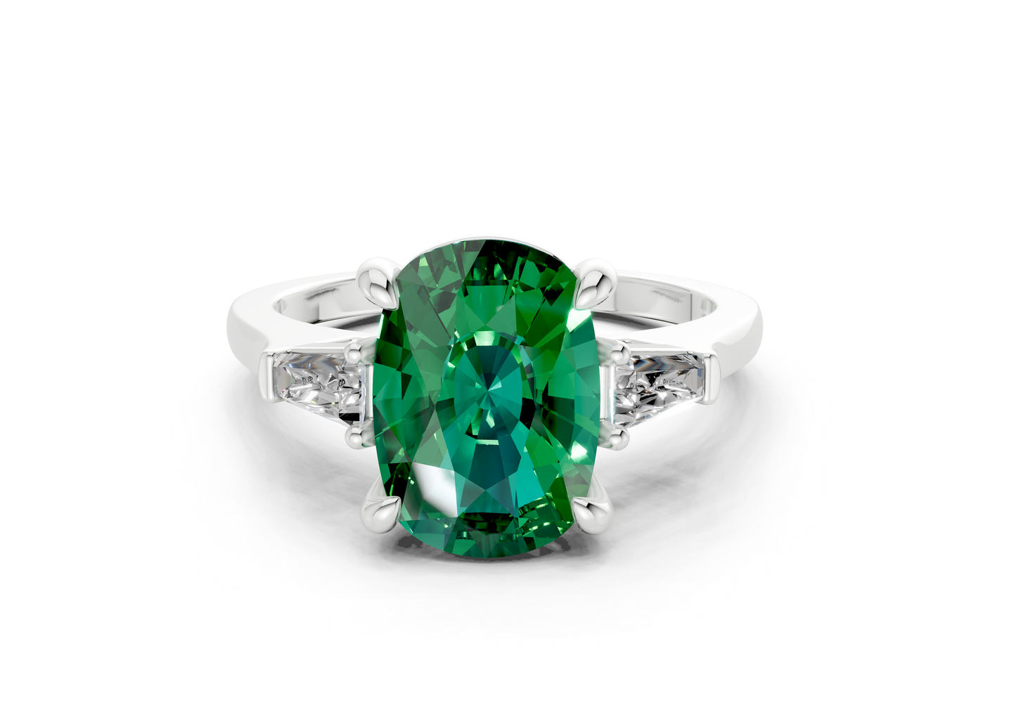 Isla Emerald Gemstone Three Stone Elongated Cushion Cut 1.8mm Engagement Ring