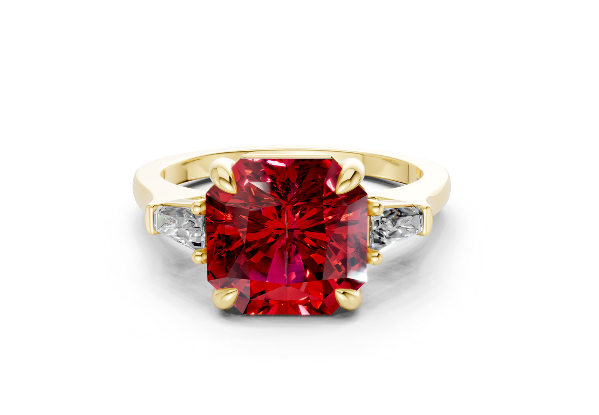 Isla Ruby Gemstone Three Stone Radiant Square Cut 1.8mm Engagement Ring