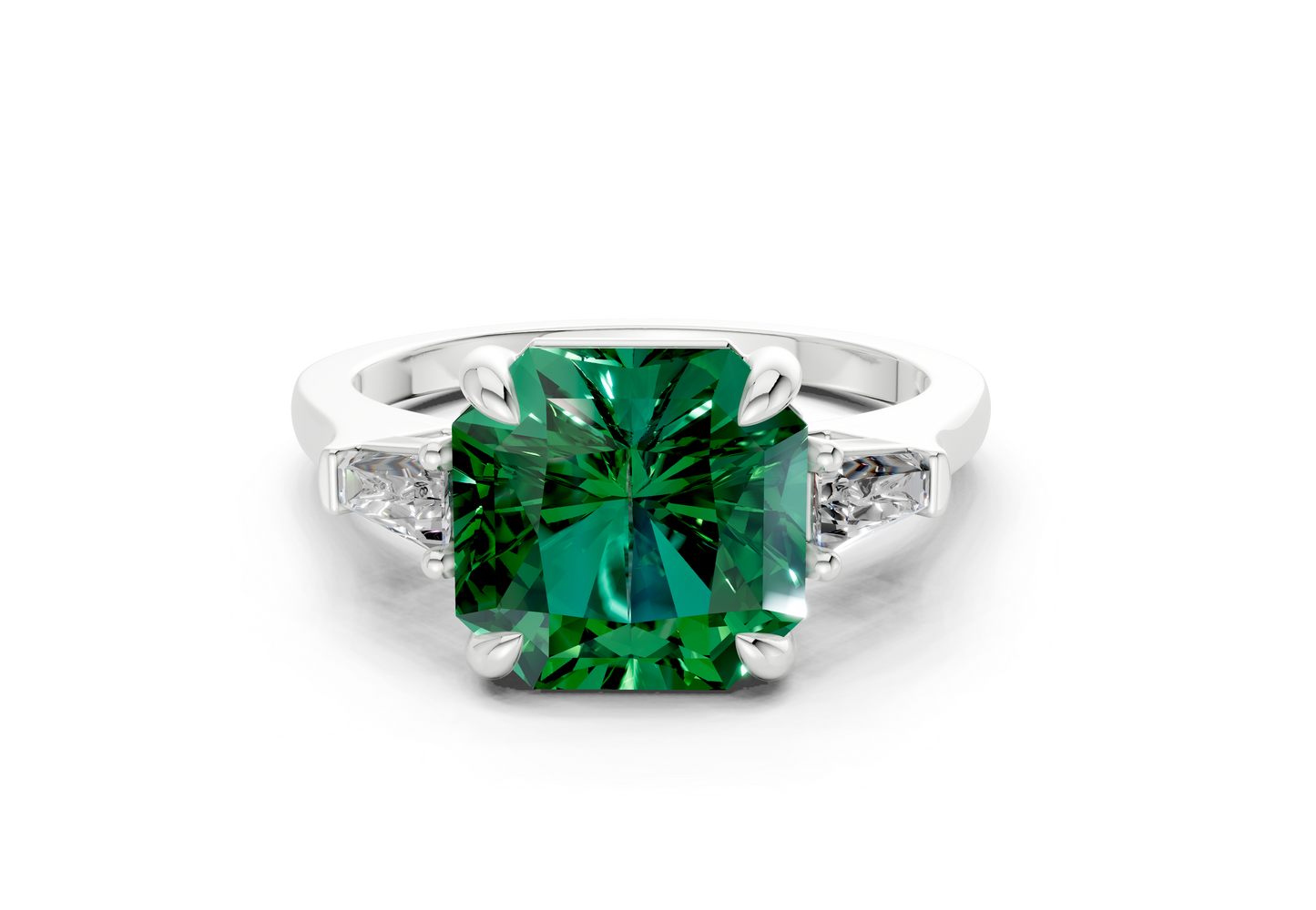 Isla Emerald Gemstone Three Stone Radiant Square Cut 1.8mm Engagement Ring