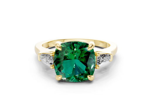 Isla Emerald Gemstone Three Stone Cushion Square Cut 1.8mm Engagement Ring