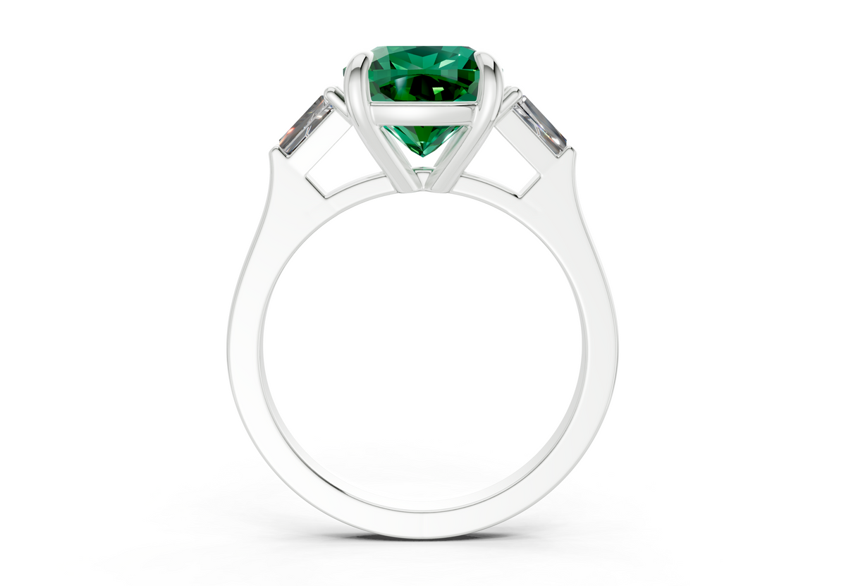 Isla Emerald Gemstone Three Stone Cushion Square Cut 1.8mm Engagement Ring