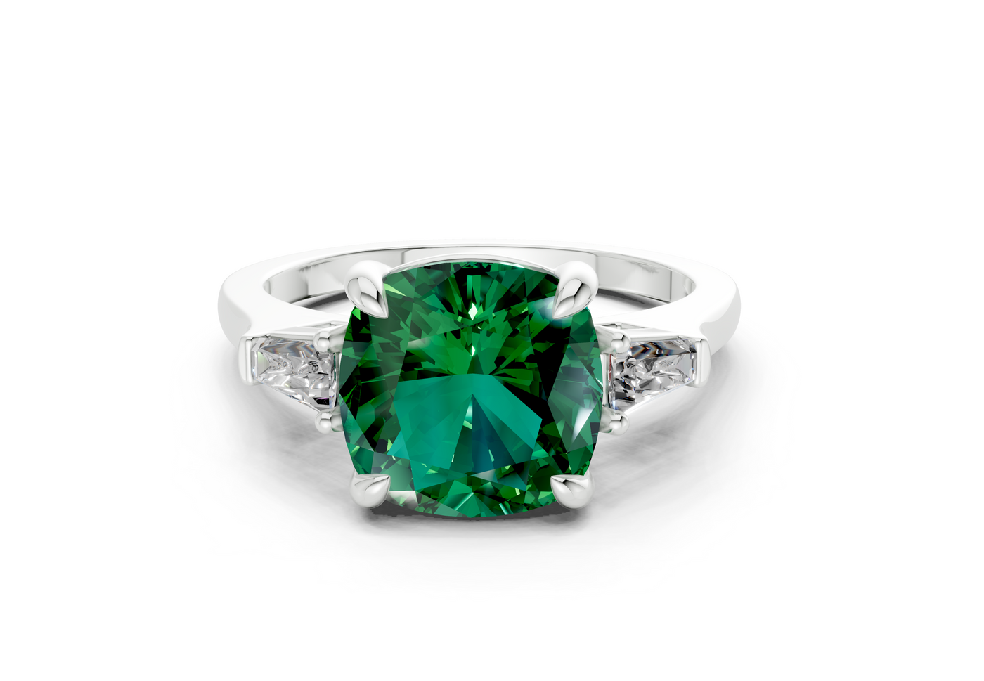 Isla Emerald Gemstone Three Stone Cushion Square Cut 1.8mm Engagement Ring