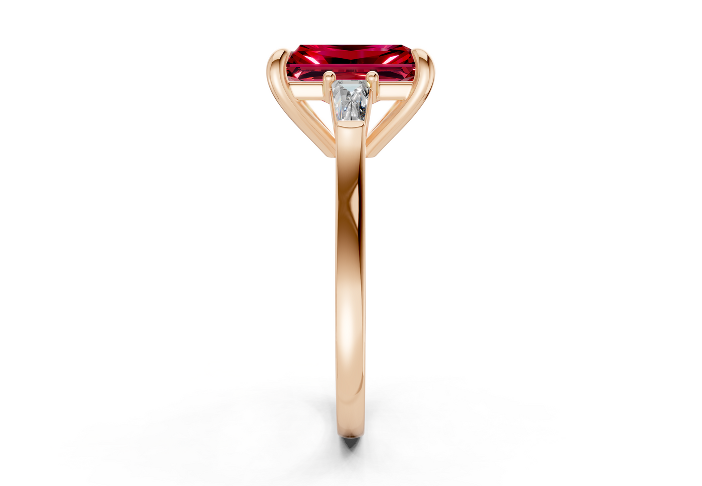 Isla Ruby Gemstone Three Stone Radiant Cut 1.8mm Engagement Ring
