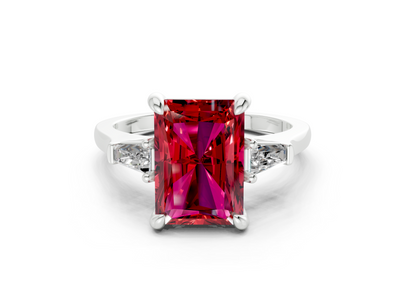 Isla Ruby Gemstone Three Stone Radiant Cut 1.8mm Engagement Ring