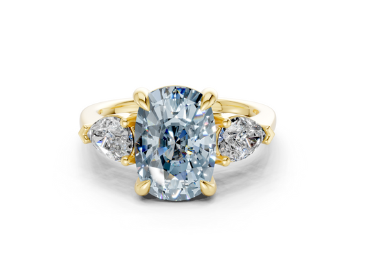 Vine Blue Diamond Three Stone Elongated Cushion Cut 1.8mm Engagement Ring