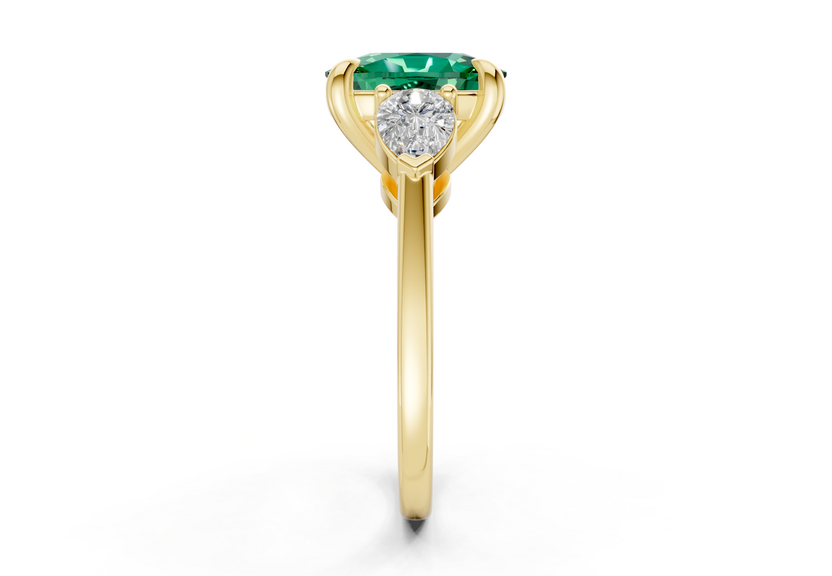 Vine Emerald Gemstone Three Stone Elongated Cushion Cut 1.8mm Engagement Ring
