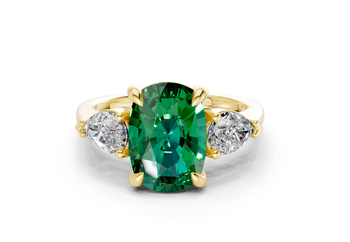Vine Emerald Gemstone Three Stone Elongated Cushion Cut 1.8mm Engagement Ring