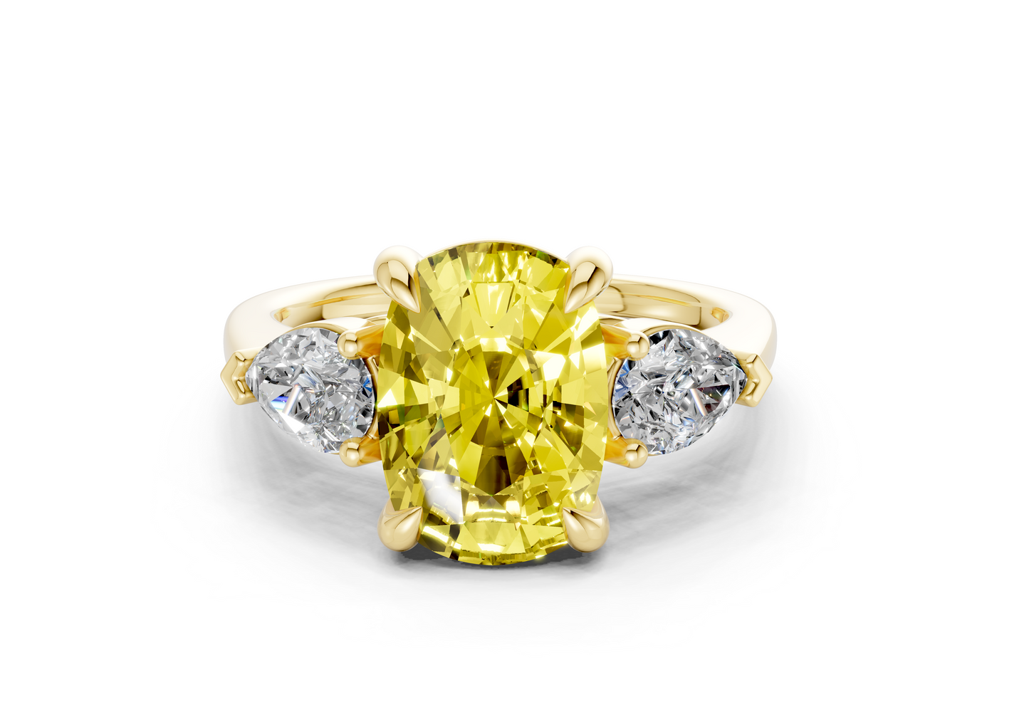 Vine Yellow Diamond Three Stone Elongated Cushion Cut 1.8mm Engagement Ring