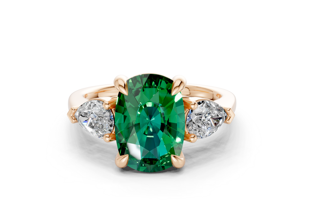 Vine Emerald Gemstone Three Stone Elongated Cushion Cut 1.8mm Engagement Ring