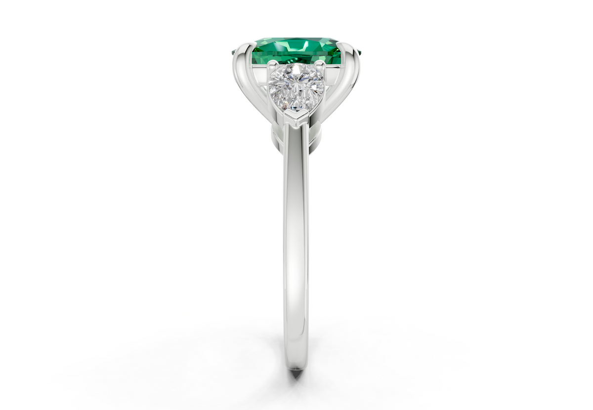 Vine Emerald Gemstone Three Stone Elongated Cushion Cut 1.8mm Engagement Ring