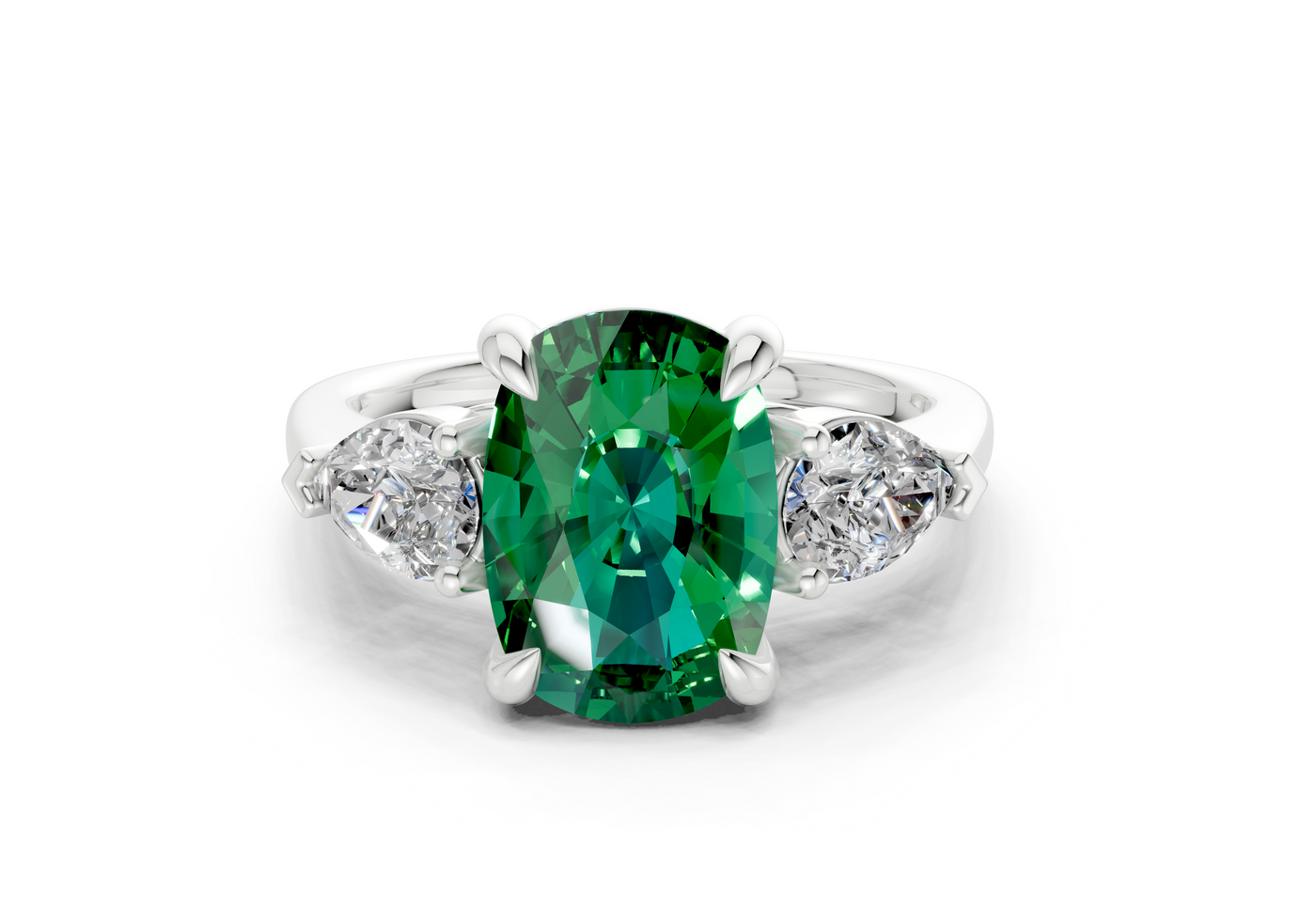 Vine Emerald Gemstone Three Stone Elongated Cushion Cut 1.8mm Engagement Ring