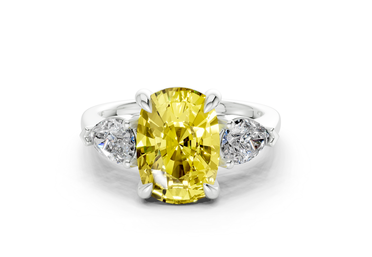 Vine Yellow Diamond Three Stone Elongated Cushion Cut 1.8mm Engagement Ring