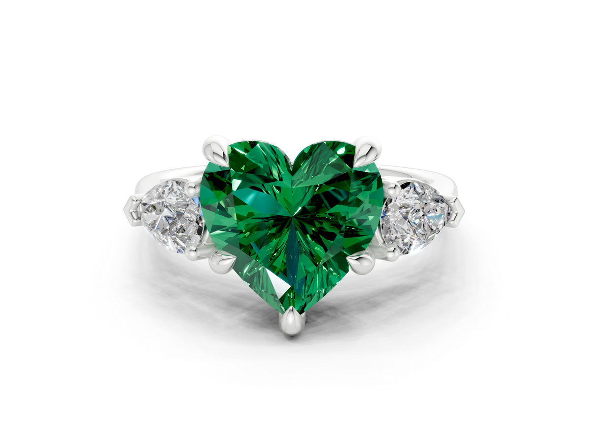 Vine Emerald Gemstone Three Stone Heart Cut 1.8mm Engagement Ring