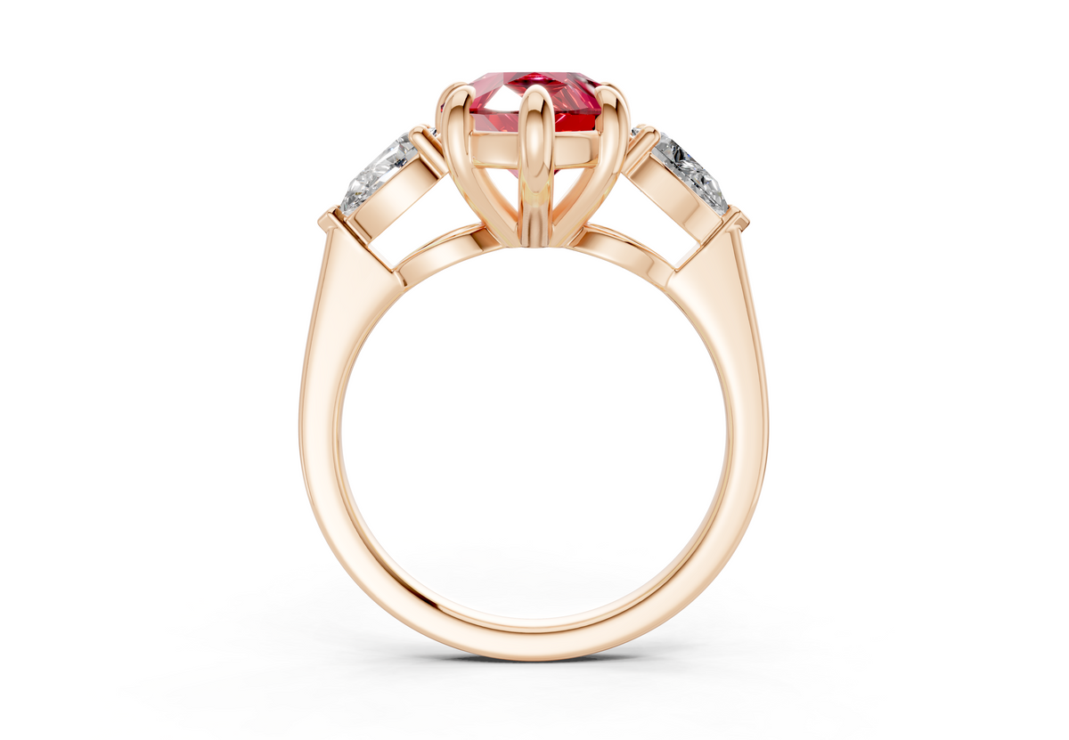 Vine Ruby Gemstone Three Stone Pear Cut 1.8mm Engagement Ring