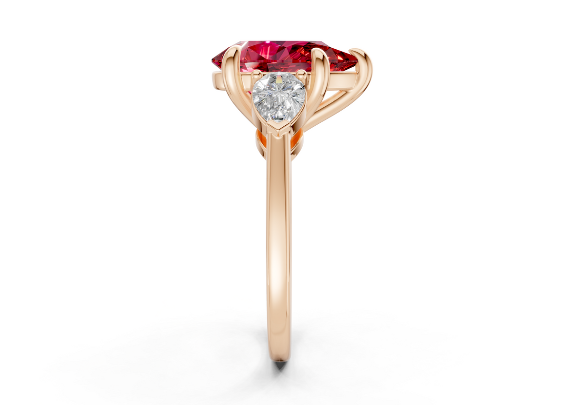 Vine Ruby Gemstone Three Stone Pear Cut 1.8mm Engagement Ring