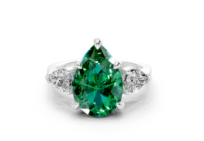 Vine Emerald Gemstone Three Stone Pear Cut 1.8mm Engagement Ring
