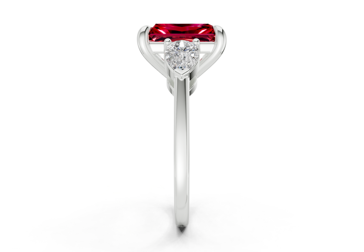 Vine Ruby Gemstone Three Stone Radiant Cut 1.8mm Engagement Ring