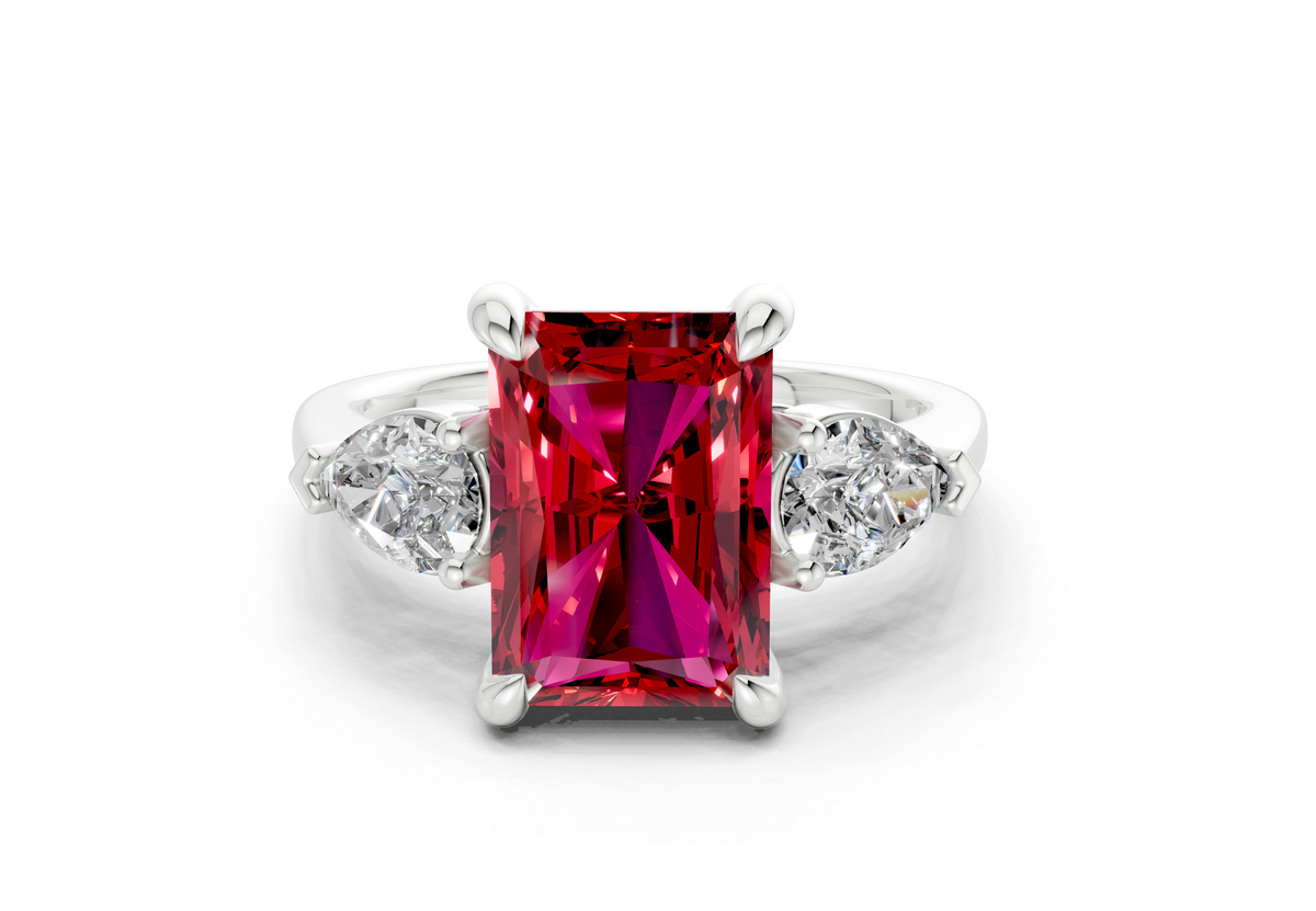 Vine Ruby Gemstone Three Stone Radiant Cut 1.8mm Engagement Ring