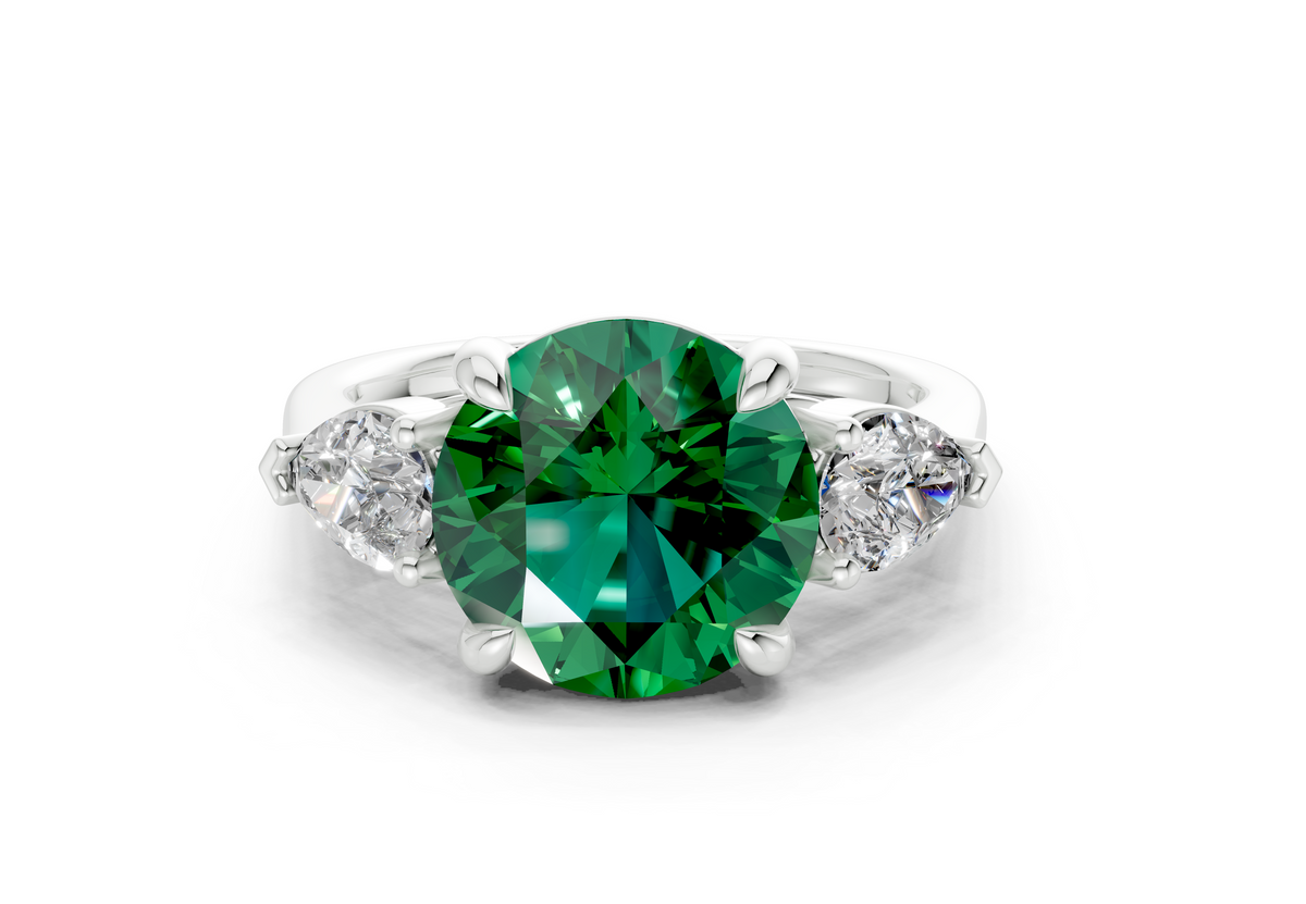 Vine Emerald Gemstone Three Stone Round Cut 1.8mm Engagement Ring