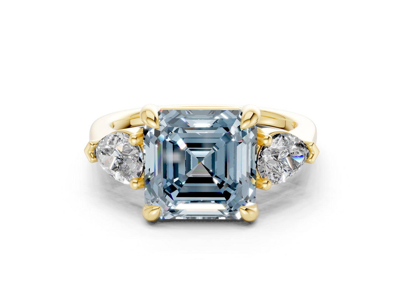 Vine Blue Diamond Three Stone Asscher Cut 1.8mm Engagement Ring