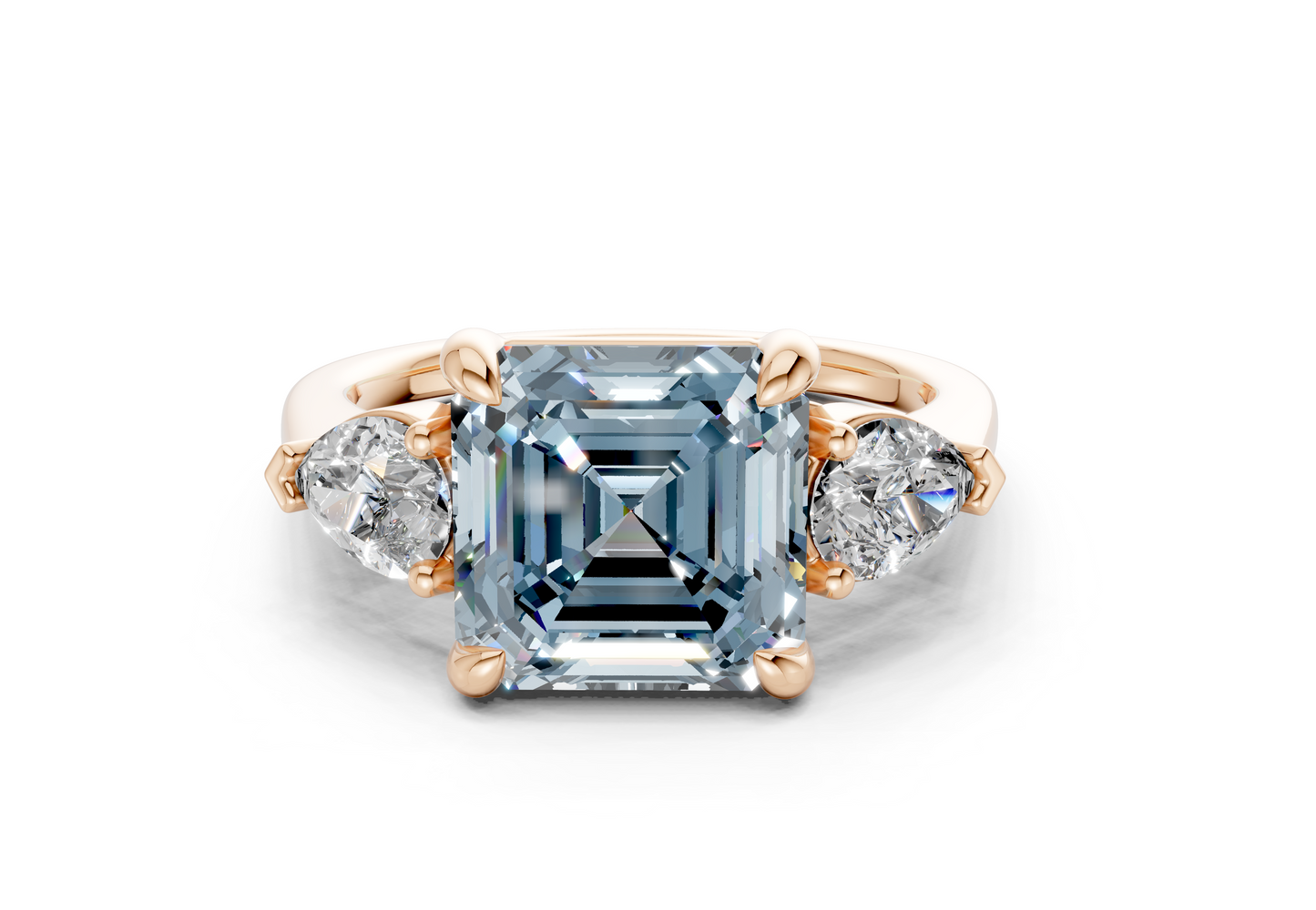 Vine Blue Diamond Three Stone Asscher Cut 1.8mm Engagement Ring