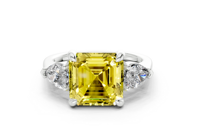 Vine Yellow Diamond Three Stone Asscher Cut 1.8mm Engagement Ring