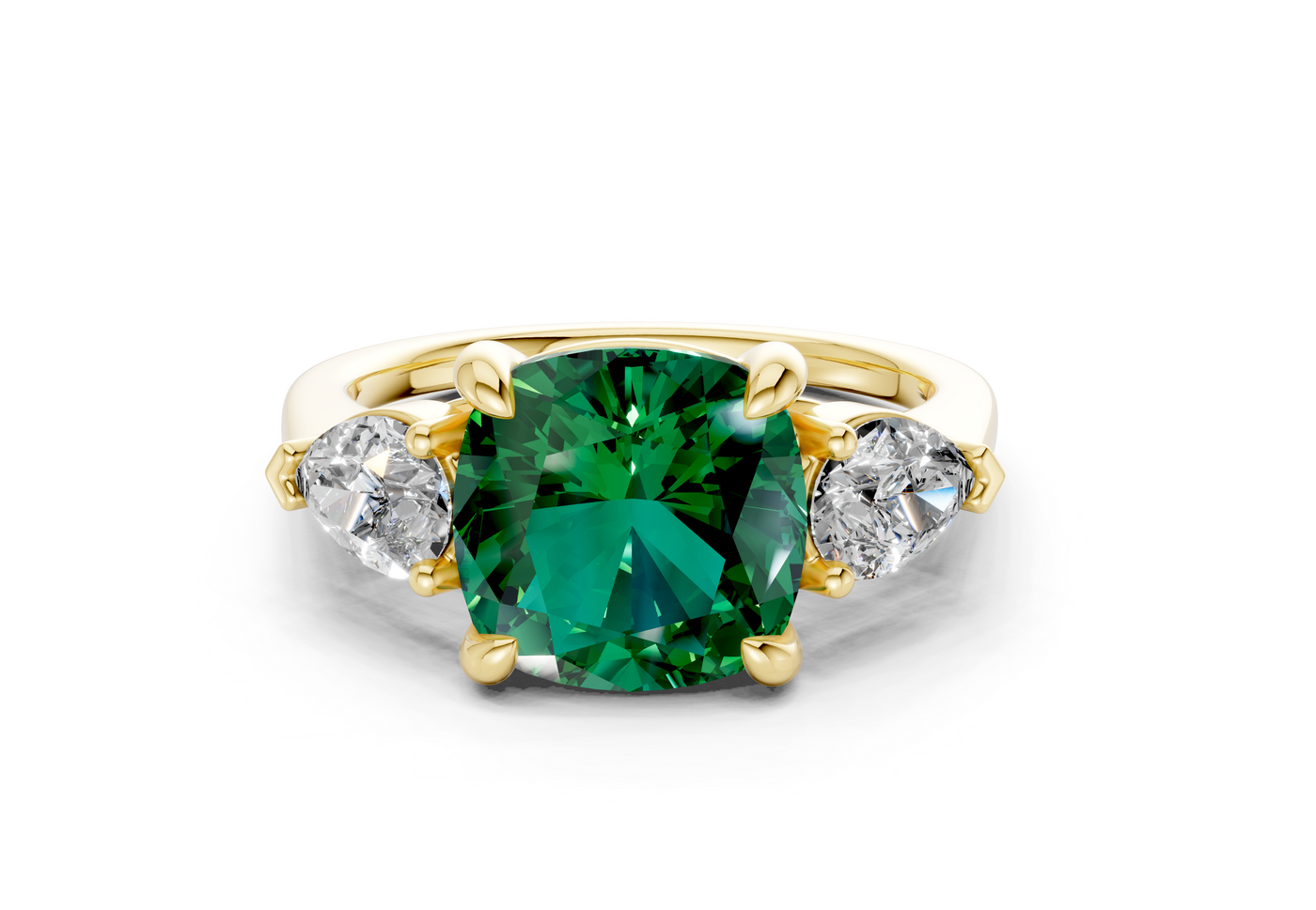 Vine Emerald Gemstone Three Stone Cushion Square Cut 1.8mm Engagement Ring