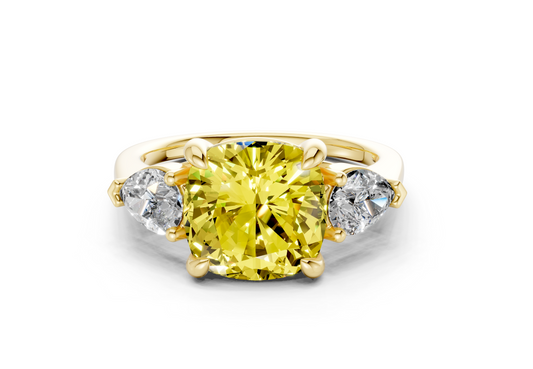 Vine Yellow Diamond Three Stone Cushion Square Cut 1.8mm Engagement Ring