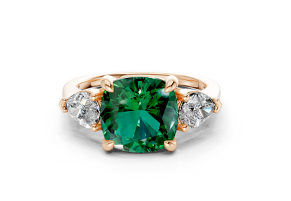 Vine Emerald Gemstone Three Stone Cushion Square Cut 1.8mm Engagement Ring