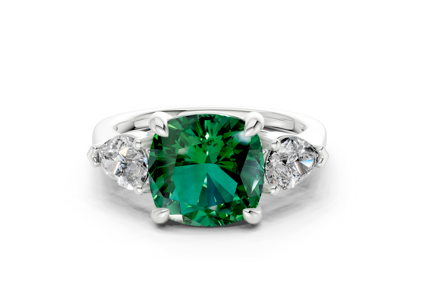 Vine Emerald Gemstone Three Stone Cushion Square Cut 1.8mm Engagement Ring