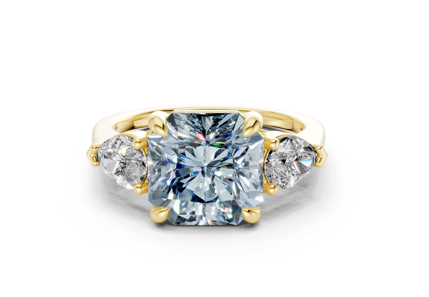 Vine Blue Diamond Three Stone Radiant Square Cut 1.8mm Engagement Ring